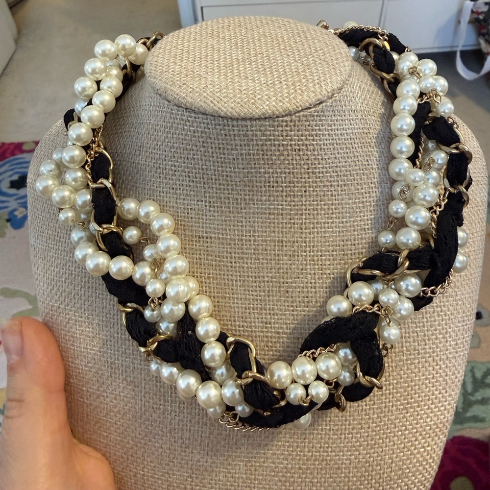 Gold Tone Faux Pearl Black Fabric Multi Strand Statement‎ Necklace Toggle Clasp